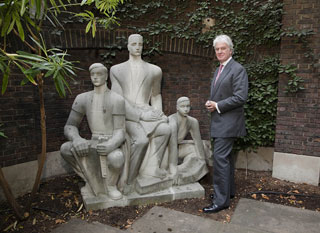 The sculpture resited in the garden of the Goldsmiths' 
Hall, EC1, with its saviour